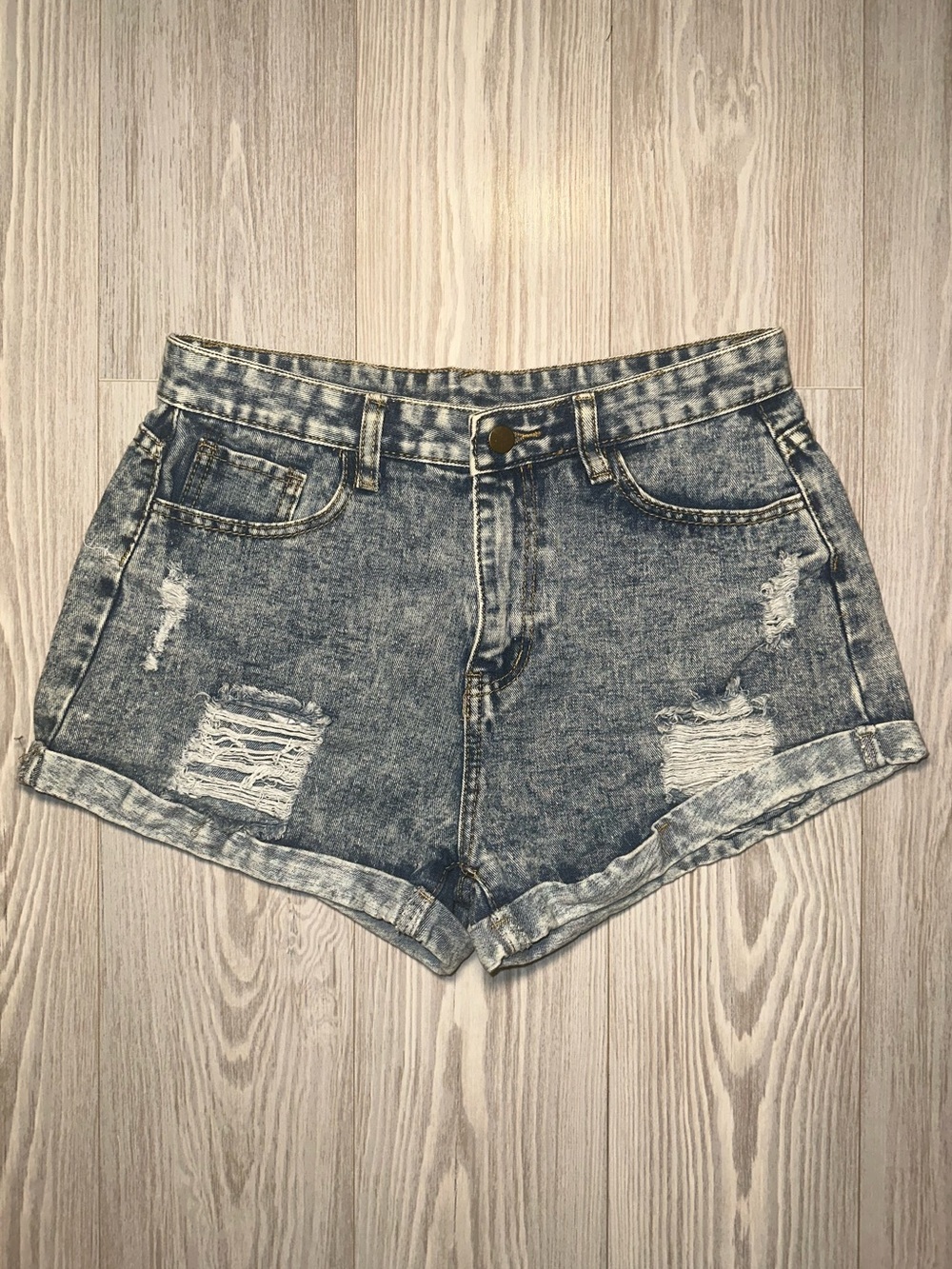 SHEIN Distressed Rolled-Hem Denim Shorts - Blue